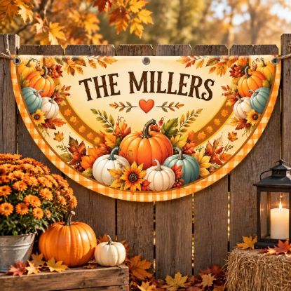 Picture of Personalized Thanksgiving Family Flag, Custom Fall Porch Decor, Pumpkin Harvest Garden Flag, Autumn Outdoor Hanging Sign, Thanksgiving Gift