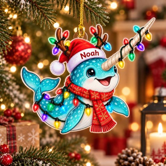 Picture of Personalized Narwhal Christmas Ornament, Custom Name Narwhal Gift, Ocean Animal Ornament, Kids Christmas Keepsake, 2D Flat Christmas Decor