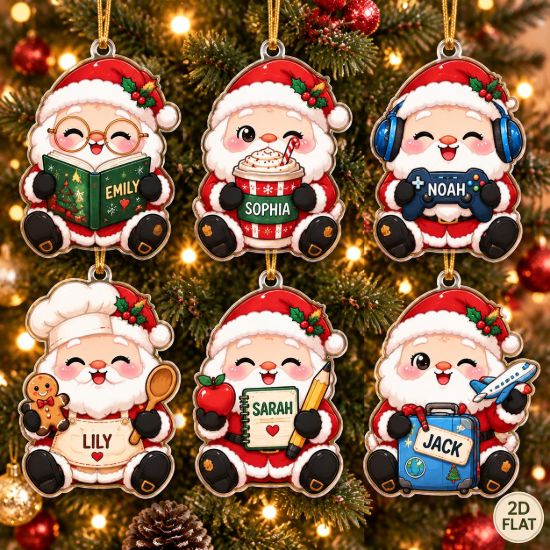 Picture of Personalized Santa Christmas Ornament, Custom Name Santa Gift, Teacher Gamer Baker Reader Travel Ornament, 2D Flat Xmas Holiday Keepsake