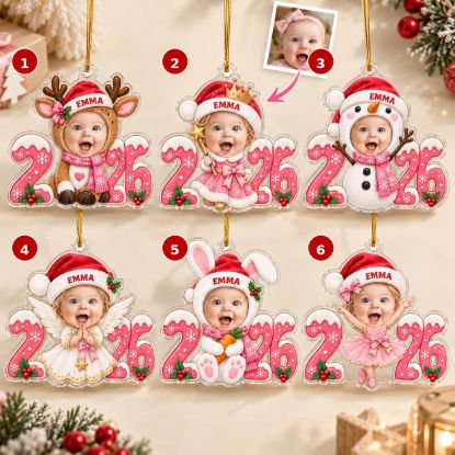 Picture of Personalized Baby Photo Christmas Ornament 2026, Custom Name First Christmas Keepsake, Reindeer Angel Christmas Bunny Snowman Ballerina Gift