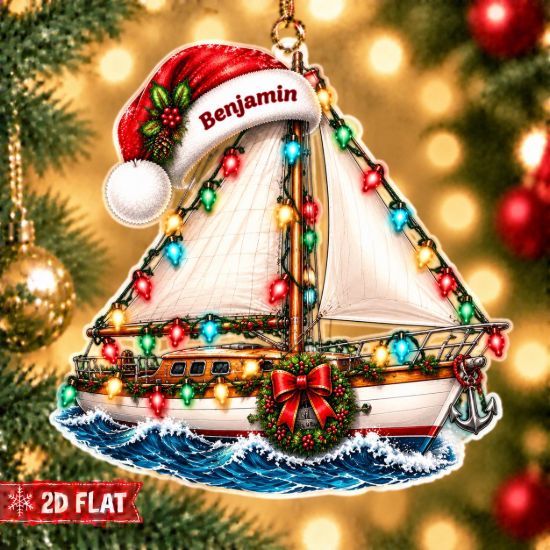 Picture of Personalized Sailboat Christmas Ornament, Custom Name Sailing Boat Ornament, Sailor Gift, Nautical Holiday Keepsake, 2D Flat Christmas Decor