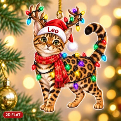 Picture of Personalized Bengal Cat Christmas Ornament, Custom Name Cat Lover Gift, Reindeer Kitty Ornament, Pet Holiday Keepsake, 2D Flat Xmas Decor