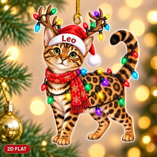 Picture of Personalized Bengal Cat Christmas Ornament, Custom Name Cat Lover Gift, Reindeer Kitty Ornament, Pet Holiday Keepsake, 2D Flat Xmas Decor