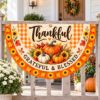 Picture of Thankful Grateful Blessed Thanksgiving Semi Circle Flag, Pumpkin Sunflower Fall Porch Banner, Autumn Plaid Railing Decor, Harvest Fence Flag
