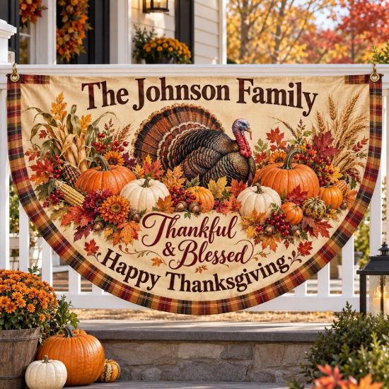 Picture of Personalized Thanksgiving Semi Circle Flag, Custom Family Name Turkey Porch Banner, Thankful Blessed Fall Railing Decor, Harvest Fence Flag