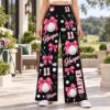 Picture of Personalized Golf Wide Leg Pants for Women, Custom Name and Number Golf Ball Bow Trousers, Burgundy Pink Golf Outfit, Golf Lover Gift