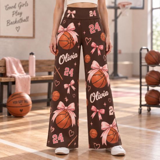Picture of Personalized Basketball Wide Leg Pants for Women, Custom Name and Number Bow Basketball Print, Brown Pink Game Day Outfit, Player Gift