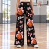 Picture of Personalized Basketball Wide Leg Pants for Women, Custom Name and Number Bow Basketball Print, Brown Pink Game Day Outfit, Player Gift