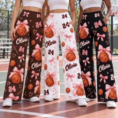 Picture of Custom Basketball Wide Leg Pants for Women, Personalized Name and Number Game Day Pants, Pink Bow Basketball Print, Player Gift Basketball