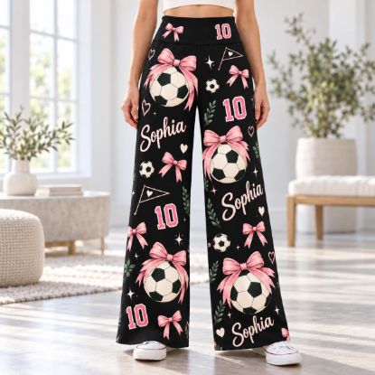 Picture of Custom Soccer Wide Leg Pants for Women, Personalized Name and Number Soccer Ball Print, Pink Bow Game Day Outfit, Soccer Player Gift