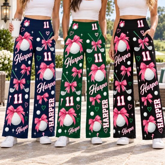 Picture of Custom Golf Wide Leg Pants for Women, Personalized Name and Number Golf Pants, Pink Bow Golf Ball Print, Burgundy Golf Outfit Gift