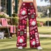Picture of Custom Golf Wide Leg Pants for Women, Personalized Name and Number Golf Pants, Pink Bow Golf Ball Print, Burgundy Golf Outfit Gift