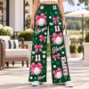 Picture of Custom Golf Wide Leg Pants for Women, Personalized Name and Number Golf Pants, Pink Bow Golf Ball Print, Burgundy Golf Outfit Gift