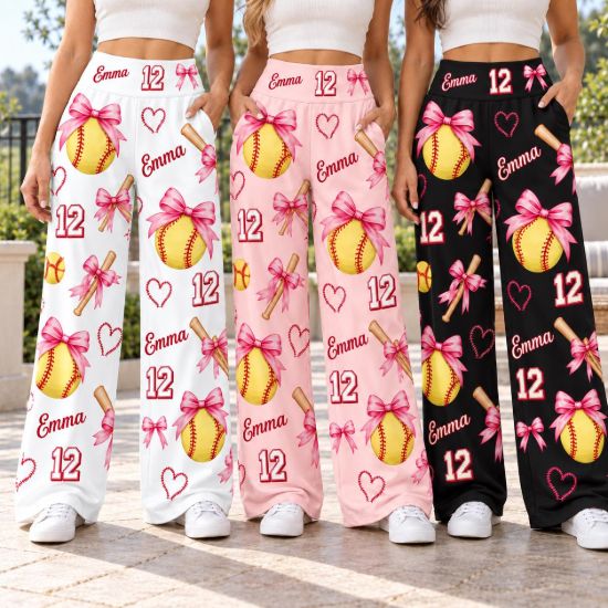 Picture of Personalized Softball Pants for Women, Custom Name and Number Wide Leg Pants, Pink Bow and Yellow Softball Print, Game Day Softball Gift