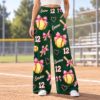 Picture of Personalized Softball Pants for Women, Custom Name and Number Wide Leg Pants, Pink Bow and Yellow Softball Print, Game Day Softball Gift