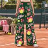 Picture of Custom Tennis Wide Leg Pants for Women, Personalized Name and Number, Pink Bow Tennis Print, Tennis Player Gift Women Long Pant Tennis