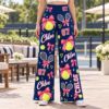 Picture of Custom Tennis Wide Leg Pants for Women, Personalized Name and Number, Pink Bow Tennis Print, Tennis Player Gift Women Long Pant Tennis