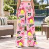 Picture of Custom Tennis Wide Leg Pants for Women, Personalized Name and Number, Pink Bow Tennis Print, Tennis Player Gift Women Long Pant Tennis