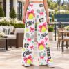 Picture of Custom Tennis Wide Leg Pants for Women, Personalized Name and Number, Pink Bow Tennis Print, Tennis Player Gift Women Long Pant Tennis