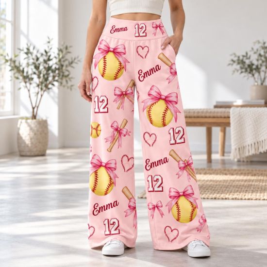 Picture of Custom Softball Wide Leg Pants for Women, Personalized Name and Number Pink Game Day Pants, Bow Softball Print, Softball Player Gift Pant