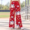 Picture of Custom Baseball Wide Leg Pants for Women, Personalized Name and Number Game Day Pants, Blue Bow Baseball Print, Baseball Player Gift Pant