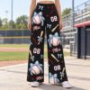 Picture of Personalized Baseball Pants for Women, Custom Name and Number Wide Leg Game Day Pants, Blue Bow Baseball Print, Team Spirit Gift Baseball