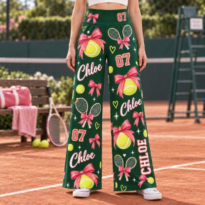 Picture of Personalized Tennis Wide Leg Pants, Custom Name and Number Tennis Outfit, Pink Bow Tennis Ball Print, Women's Tennis Gift Pant Player
