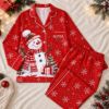 Picture of Personalized Snowman Satin Pajamas for Women, Custom Black Christmas Pajama Set, Winter Snowflake Button Up Sleepwear, Holiday Gift for Her