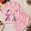 Picture of Personalized Snowman Satin Pajamas for Women, Custom Black Christmas Pajama Set, Winter Snowflake Button Up Sleepwear, Holiday Gift for Her