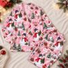 Picture of Personalized Blue Christmas Satin Pajamas for Women, Custom Name Snowman Pajama Set, Snowy Village Button Up Sleepwear, Holiday Gift for Her