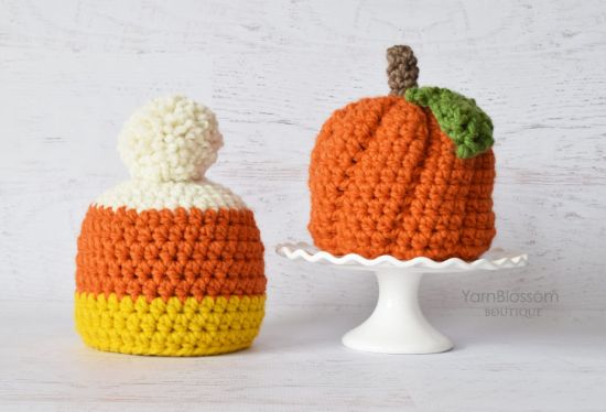 Picture of CROCHET PATTERN - Pumpkin and Candy Corn Hat - Instant Download crochet beanie baby hat pattern