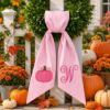 Picture of Personalized Pink Pumpkin Wreath Sash, Fall Monogram Door Bow, Embroidered Autumn Ribbon, Custom Initial Thanksgiving Decor Halloween
