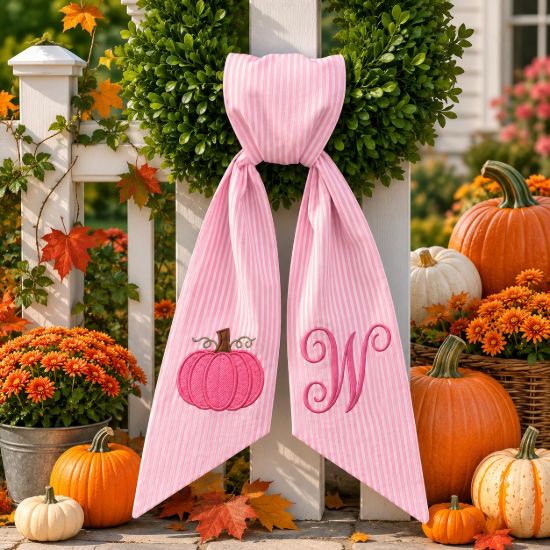 Picture of Personalized Pink Pumpkin Wreath Sash, Fall Monogram Door Bow, Embroidered Autumn Ribbon, Custom Initial Thanksgiving Decor Halloween