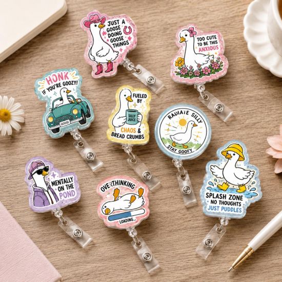 Picture of Funny Goose Badge Reel, Cute Acrylic ID Holder, Silly Animal Badge Clip, Nurse Teacher Office Gift, Goofy Goose Gift, Custom Badge Reel