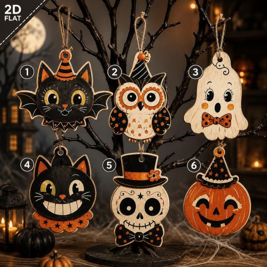 Picture of Halloween Vintage Wood Ornament, Spooky Cat Ghost Pumpkin Skull Hanging Decor, 2D Flat Halloween Tree Ornament, Vintage Rustic Fall Decor