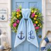 Picture of Personalized Nautical Wreath Sash, Pink Seersucker Door Hanger Bow, Custom Anchor Monogram Wreath Sash, Coastal Summer Front Door Decor Gift