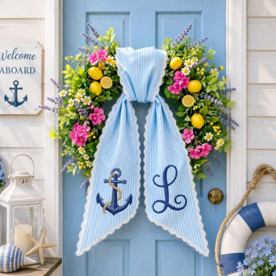 Picture of Personalized Nautical Wreath Sash, Pink Seersucker Door Hanger Bow, Custom Anchor Monogram Wreath Sash, Coastal Summer Front Door Decor Gift