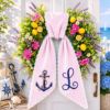 Picture of Personalized Nautical Wreath Sash, Pink Seersucker Door Hanger Bow, Custom Anchor Monogram Wreath Sash, Coastal Summer Front Door Decor Gift