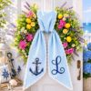 Picture of Personalized Nautical Wreath Sash, Pink Seersucker Door Hanger Bow, Custom Anchor Monogram Wreath Sash, Coastal Summer Front Door Decor Gift