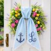 Picture of Personalized Nautical Wreath Sash, Pink Seersucker Door Hanger Bow, Custom Anchor Monogram Wreath Sash, Coastal Summer Front Door Decor Gift