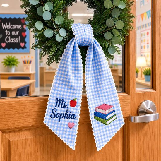 Picture of Personalized Teacher Door Wreath Bow, Custom Name Gingham Wreath Sash, Back to School Gift for Teacher, Classroom Decor Ribbon Teacher Gift