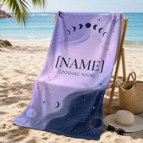 Picture of Personalized Zodiac Beach Towel, Custom Name Astrology Pool Towel, Celestial Moon Phase Summer Towel, Boho Horoscope Beach Towel Gift