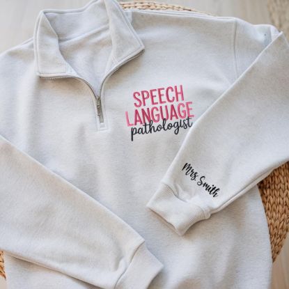 Picture of Embroidered Custom Speech Language Pathologist Quarter Zip Sweatshirt, SLP Crewneck, Speech Therapist Gift, Speech Pathologist Shirt, ASL