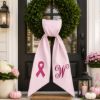 Picture of Custom Breast Cancer Awareness Wreath Sash, Pink Ribbon Door Wreath Bow, Personalized Monogram Wreath Sash, Pink Stripe Front Door Decor