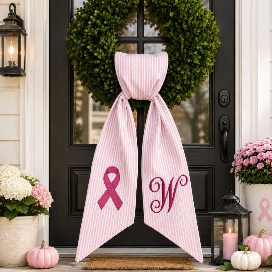 Picture of Custom Breast Cancer Awareness Wreath Sash, Pink Ribbon Door Wreath Bow, Personalized Monogram Wreath Sash, Pink Stripe Front Door Decor