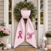 Picture of Custom Breast Cancer Awareness Wreath Sash, Pink Ribbon Door Wreath Bow, Personalized Monogram Wreath Sash, Pink Stripe Front Door Decor