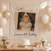 Picture of Custom Birthday Photo Backdrop, Personalized Age Birth Year Tapestry, Adult Milestone Birthday Banner, Elegant Neutral Party Decoration