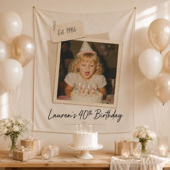 Picture of Custom Birthday Photo Backdrop, Personalized Age Birth Year Tapestry, Adult Milestone Birthday Banner, Elegant Neutral Party Decoration