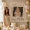 Picture of Custom Birthday Photo Backdrop, Personalized Age Birth Year Tapestry, Adult Milestone Birthday Banner, Elegant Neutral Party Decoration