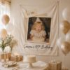 Picture of Custom Birthday Photo Backdrop, Personalized Age Birth Year Tapestry, Adult Milestone Birthday Banner, Elegant Neutral Party Decoration